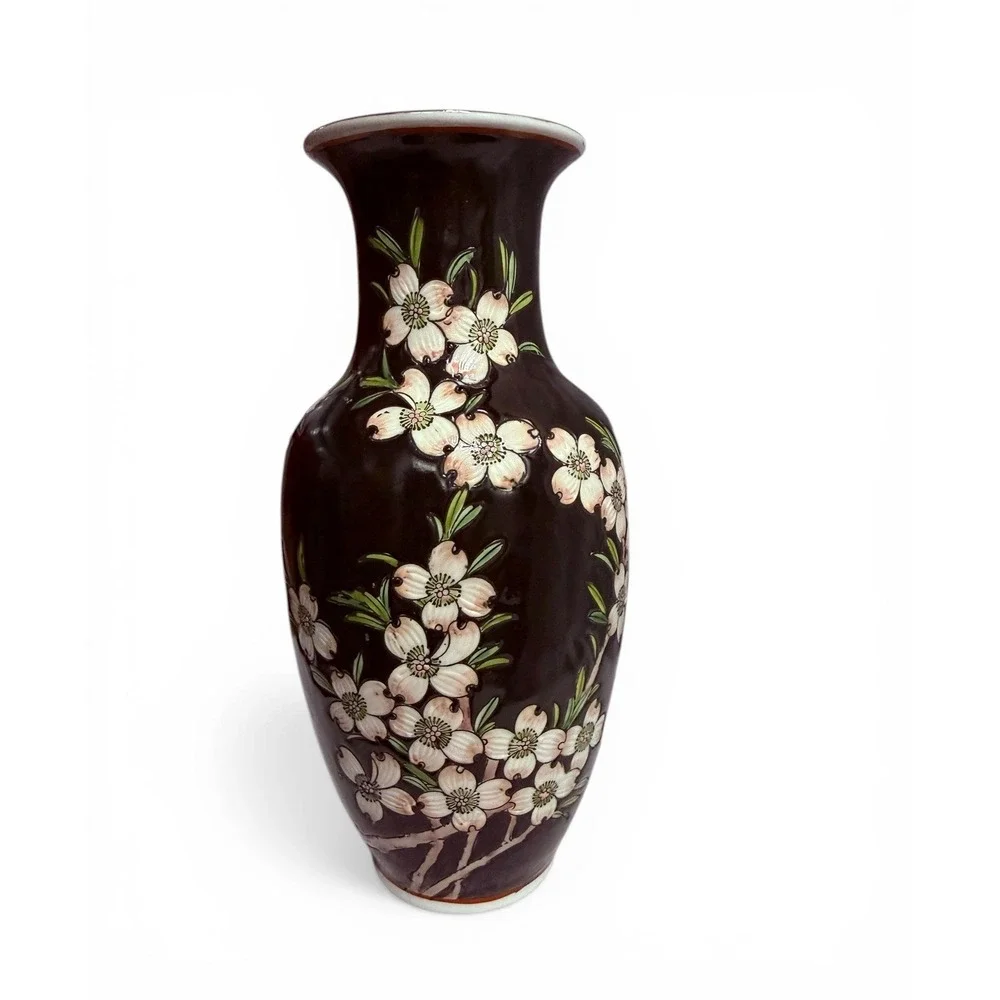 Vintage Japanese Vase Chinoiserie Cherry Blossom Dogwood Flower 8